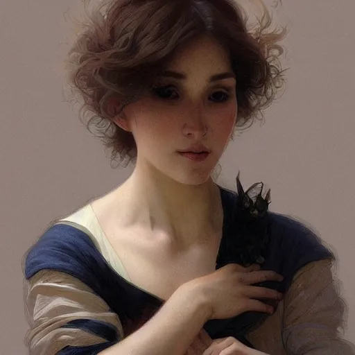 Prompt: a portrait of a cat dog, intricate, elegant, highly detailed, digital painting, grin, artstation, concept art, smooth, sharp focus, illustration, art by artgerm and greg rutkowski and alphonse mucha and william - adolphe bouguereau