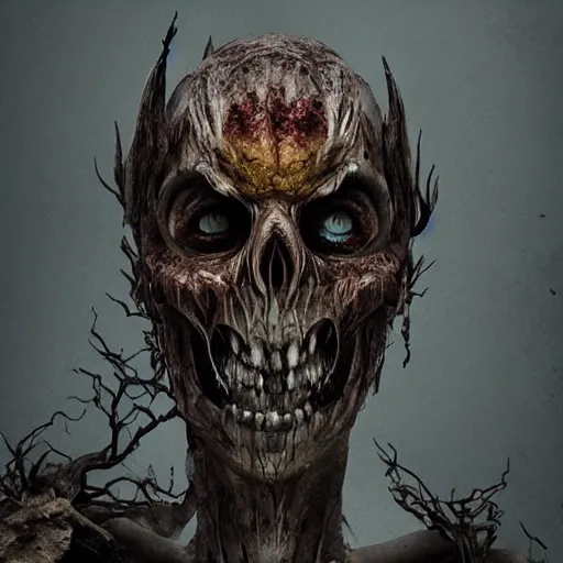 Image similar to god of decay and rot, character design, scary, radiating with power, glowing eyes, whirling death, disgusting, dripping, oily, decomposition, ghostly mist, scary, unreal engine, photorealistic