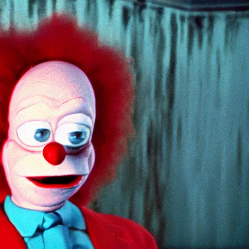 Image similar to still image of krusty the clown from the simpsons in the dark knight, cinematic, anamorphic, 8 0 mm f / 2. 8 l, 3 5 mm film, movie