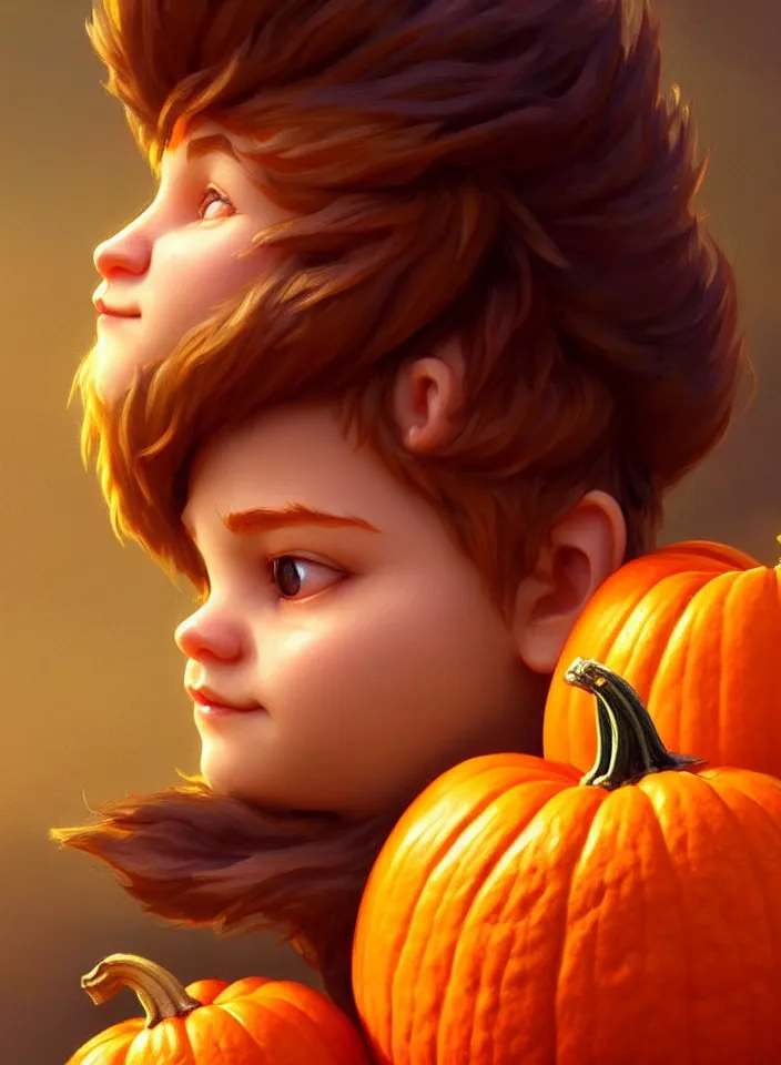 Image similar to hand drawn cute one gnomes face in autumn and pumpkin, detailed closeup face, concept art, low angle, high detail, warm lighting, volumetric, godrays, vivid, beautiful, trending on artstation, art by artgerm and greg rutkowski and alphonse mucha