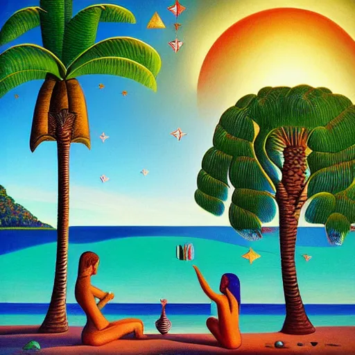 Image similar to a ultradetailed beautiful painting of amazonas beach by tarsila do amaral, major arcana mason sparkles sky, dougherty patrick, trending on artstation, mediterranean, palm trees, light sparkles, major arcana sky, sharp focus, soft light