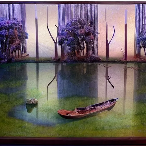 Prompt: A kinetic sculpture of a beautiful scene of nature. The colors are very soft and muted, and the overall effect is one of serenity and peace. The composition is well balanced, and the brushwork is delicate and precise. 1900s by Andreas Franke, by Peter Doig, by James Stokoe dreary, elaborate