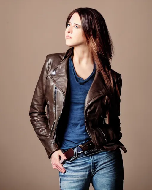 Image similar to young woman in her 20s, she wears a leather jacket and boots, full body shot, taken by a nikon, very detailed face