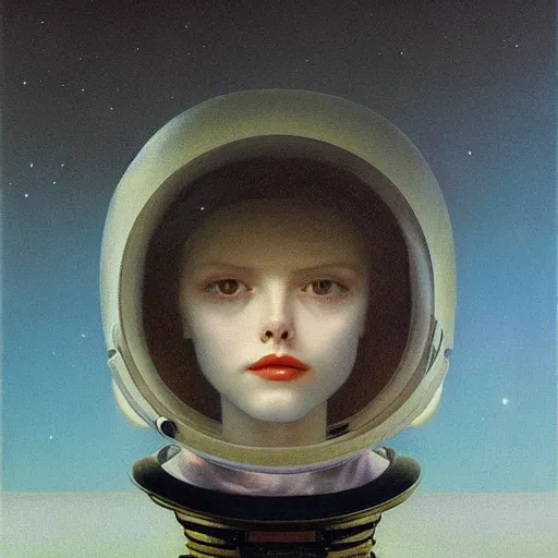 Prompt: portrait An astronaut girl wearing helmet with black lace suit, Edward Hopper and James Gilleard, Zdzislaw Beksinski, Mark Ryden, Wolfgang Lettl highly detailed