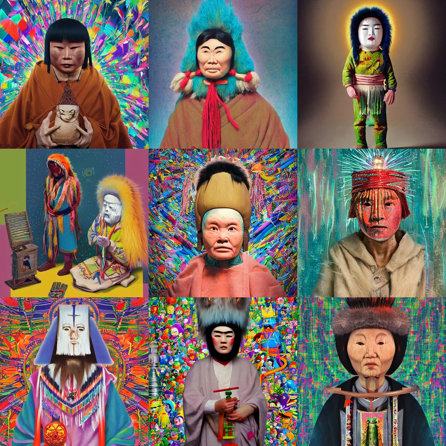 Prompt: a espiritual portrait of a Selk'nam with a Capirote, Plastic toy, art toy, by Hikari Shimoda , Al Feldstein , mark ryden, Yayoi Kusama, lisa frank , garbage pail kids, Award winning photo, iridiscense, Houdini algorithmic generative render, dramatic lighting, volumetric light, Accurate and detailed, sharp focus, octane render 8k, zoom out ,