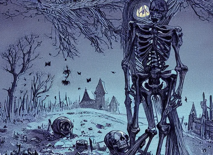 Prompt: blue woodcut print, cartoon halloween skeleton in graveyard at midnight by greg rutkowski, fine details, highly detailed