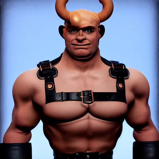 Image similar to 3 5 mm photo of popeye the sailor man wearing leather harness in the style of tom of finland, furry chest, full body, ultra high detailed, glowing lights, oil painting, unreal 5, daz, hyperrealistic, octane render, rpg portrait, dynamic lighting, fantasy art, beautiful face