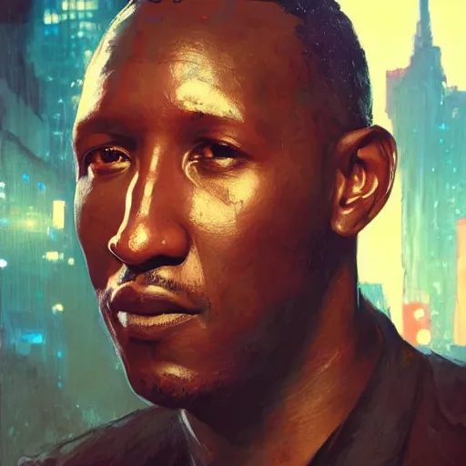 Image similar to mahershala ali, hyperrealistic portrait, bladerunner street, art of elysium by jeremy mann and alphonse mucha, fantasy art, photo realistic, dynamic lighting, artstation, poster, volumetric lighting, very detailed face, 4 k, award winning