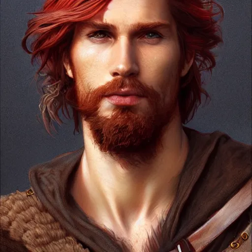 Image similar to portrait of a young ruggedly handsome but charming pirate, male, masculine, upper body, red hair, long hair, d & d, fantasy, soft lips, intricate, elegant, highly detailed, digital painting, artstation, concept art, matte, sharp focus, illustration, art by artgerm and greg rutkowski and alphonse mucha