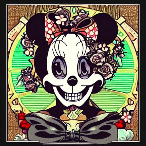 Image similar to anime manga skull portrait minnie mouse disney cartoon skeleton illustration style by Alphonse Mucha pop art nouveau with detailed patterns and emojis