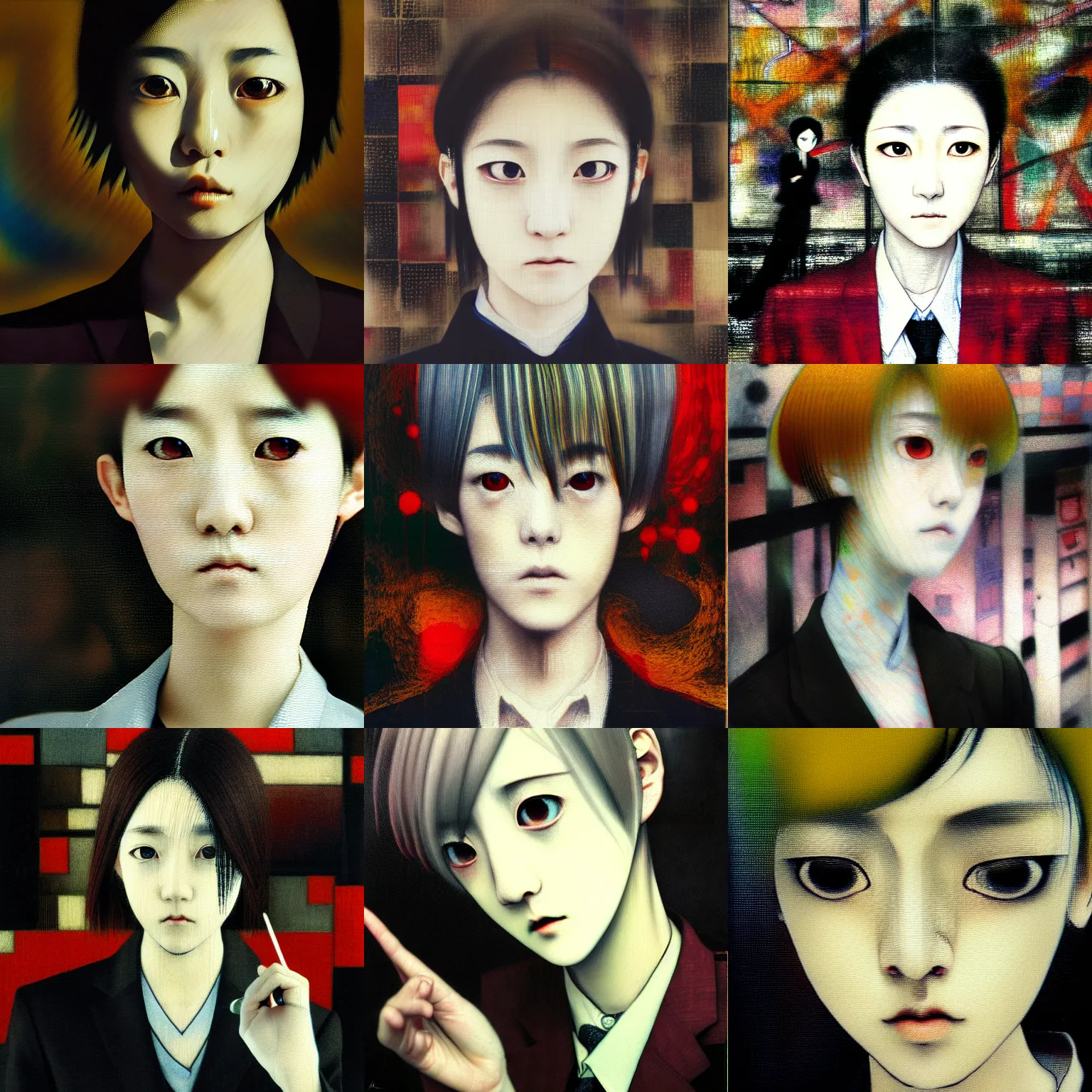 Image similar to yoshitaka amano blurred and dreamy realistic three quarter angle portrait of a young woman with short hair and black eyes wearing office suit with tie, junji ito abstract patterns in the background, satoshi kon anime, noisy film grain effect, highly detailed, renaissance oil painting, weird portrait angle, blurred lost edges