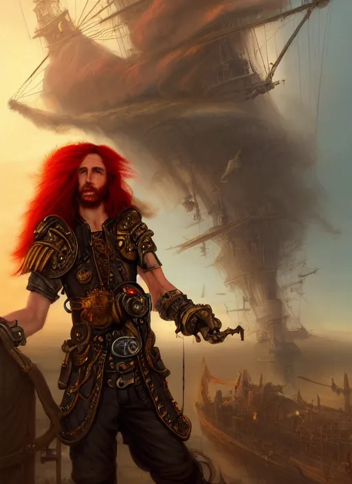 Prompt: portrait painting of a long haired, red headed male sky pirate in front of steampunk airship by raphael lacoste and stephan martiniere fantasy soft hair trending on artstation key art dramtic volumetric lighting, 4 k, award winning