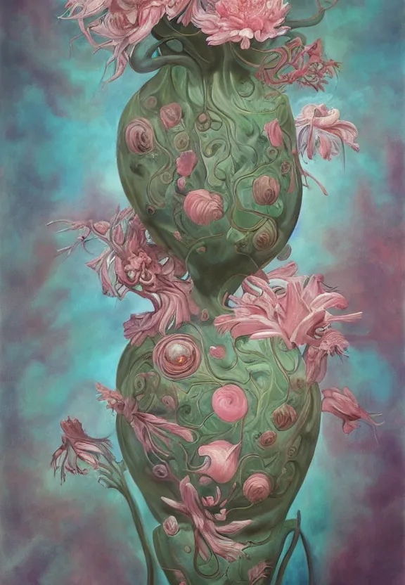 Image similar to a biomorphic painting of a vase with flowers and eyeballs in it, a surrealist painting by Marco Mazzoni, by Dorothea Tanning, pastel blues and pinks, featured on artstation, metaphysical painting, oil on canvas, fluid acrylic pour art, airbrush art, seapunk, rococo, lovecraftian