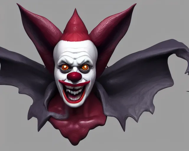 Prompt: 3d sculpt of an evil clown face with huge bat wings, skull, artstation, digital illustration