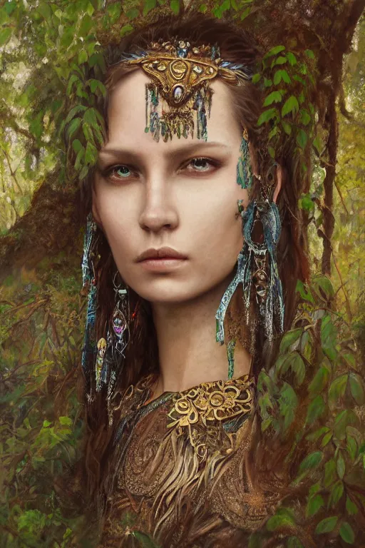 Prompt: oil painting of beautiful fantasy female warrior in the forest, symmetrical face, beautiful face, intricate jewellery, filigree armour, ethnic tattoos, big earrings, shining eyes, crystals, covered in plants, mystical trees, realistic oil painting, baroque, renaissance painting, dramatic, cinematic light, trending on artstation, rule of thirds, highly detailed, 8 k