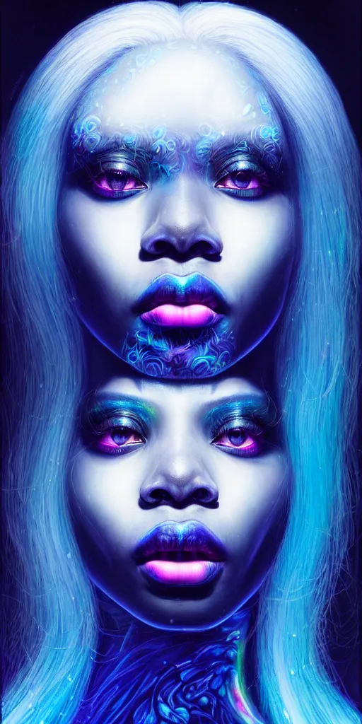 Prompt: hyperrealistic intricate close-up of beautiful black woman with white hair and pearlescent blue skin hannah yata machiej kuciara dramatic neon lighting on one side