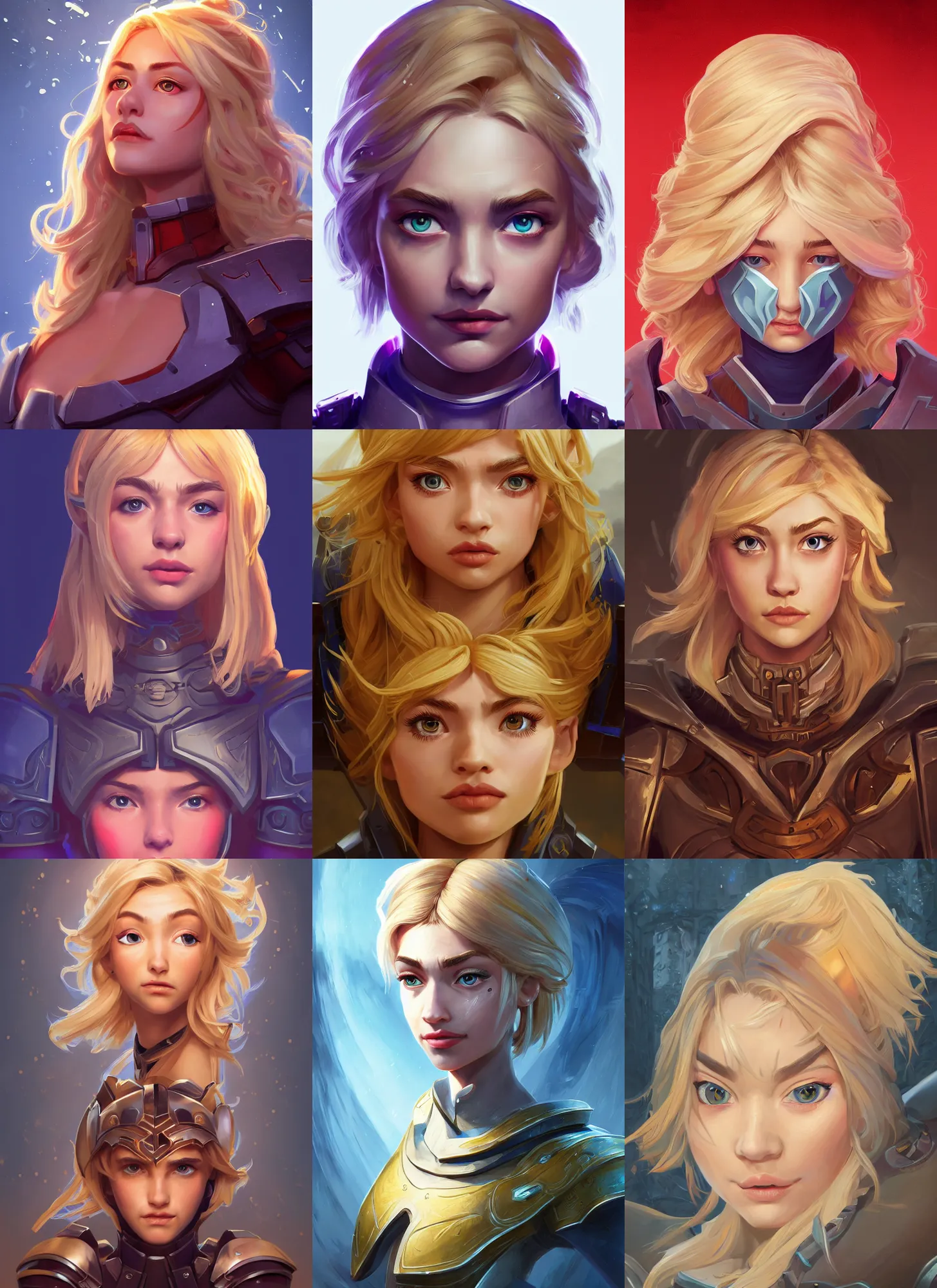 Prompt: masterpiece head-on symmetrical centered painted portrait, Imogen Poots as a paladin, blonde hair, glorious, RPG character, Blizzard game concept art, pixar, maya engine on stylized background, splash comics, global illumination lighting, trending on artstation, by lois van baarle, ilya kuvshinov, rossdraws