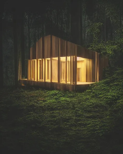 Image similar to an exquisite wooden house in the middle of a lush forest at night, minimalist design, architectural photography, dark and dim lighting, beautiful, tranquil, moody, cinematic, fantasy, 3 5 mm lens, volumetric lighting, first person view, photographic render, hyper realistic