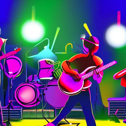 Image similar to a guitar player, saxaphone player, drummer, and a keyboard player on stage with professional lighting. funk band. jazz. party. fun. abstract. oil paint. volumetric lighting. digital image. highly saturated. whimsical. digital art, octane, ue 5, 8 k, 4 k, hq, concept art