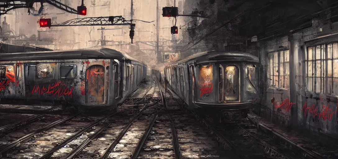 Image similar to old new york Subway car painted with Graffiti, mord182, dramatic lighting, cinematic, establishing shot, extremly high detail, photo realistic, cinematic lighting, post processed, concept art, artstation, matte painting, style by eddie mendoza, raphael lacoste, alex ross