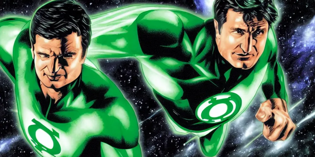 Image similar to Nathan Fillion as Green Lantern Hal Jordan flying through outer space, detailed