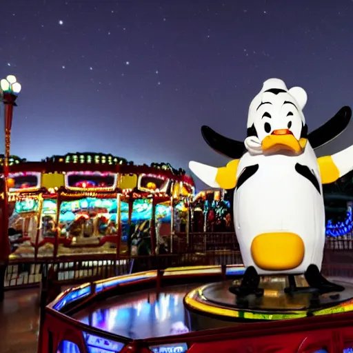 Image similar to photograph of walter white in a penguin costume standing in front or a carousel in disneyland, dark, ominous lights