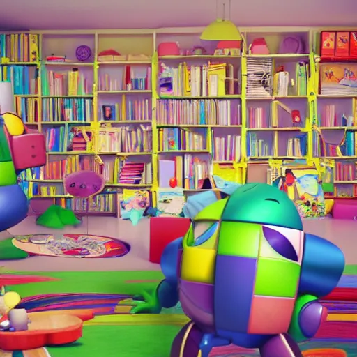 Prompt: beautiful katamari crazy interior of a house, lots of items toys all over the floor and walls, cartoon pixar style, volumetric lighting, bright refined highly detailed background, 3d model pixar render