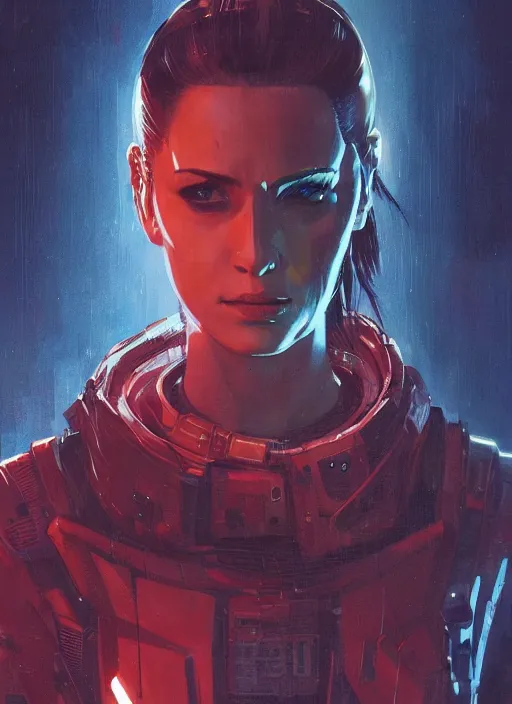 Image similar to cyberpunk female space pilot character ( blade runner 2 0 4 9, dystopian, cyberpunk 2 0 7 7 character design ). attractive face. portrait by james gurney and laurie greasley and yoji shinkawa, oil on canvas. cinematic composition, hyper realism, realistic proportions, anatomy, dramatic lighting, photorealistic, high detail, 4 k