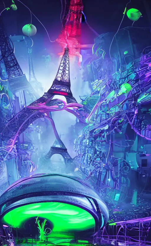 Image similar to giant larva with tentacles attacks and destroys and blows up the eiffel tower in glowing colorful luminous slime, dark foggy streets with white neon signs, running and screaming people, futuristic, dramatic, ultra - realistic, landscape, perspective, hight detailed, no blur, 8 k
