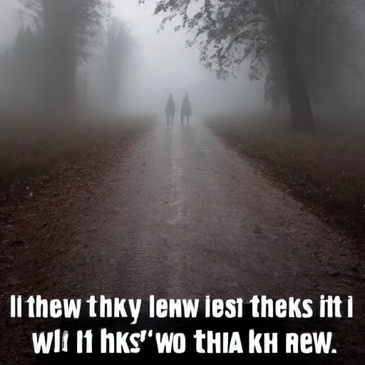 Prompt: i think i see it following me through the mist. i think i see it can you see it? it's right there i think i see it. i see it. i think. do you see it? tell me do you see it? it's there. is it?