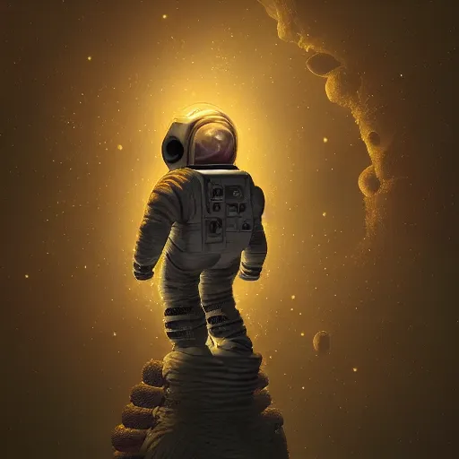 Image similar to an epic portrait of a tiny astronaut entering microscopic multiverse of atoms madness with a tiny macro spaceship, cinematic lighting, trending on Artstation, highly detailed, insane details