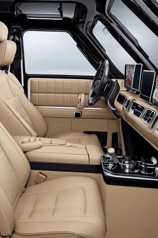 Image similar to Interior photo of a 2018 Mercedes-Benz G63, beige leather, highly detailed, natural light.