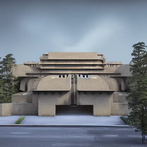 Prompt: brutalist modern beige house inspired by tibetan palace, built like a stadium with atrium in the middle, on a hill surrounded by big trees, dramatic lighting, artstation, realistic rendering, unreal engine, octane render, raphael lacoste, simon stalenhag, frank lloyd wright, helicopter view