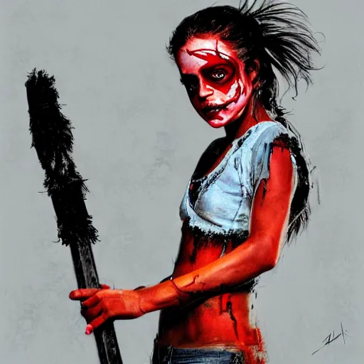 Prompt: a young Michelle Rodriguez dressed in tattered clothes, with red face paint in fighting pose holding a broom, wide full body, movie poster, realistic hyper detailed concept art