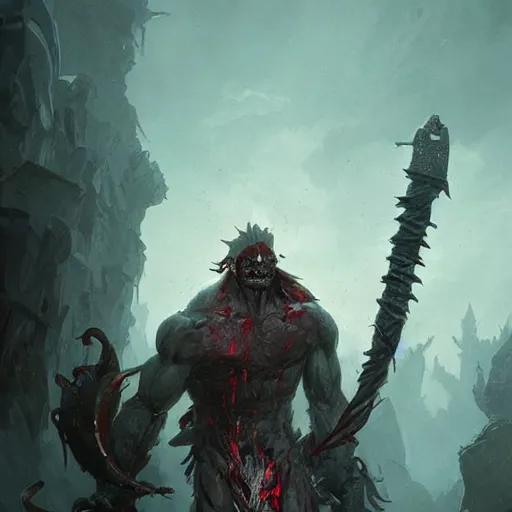 Image similar to mutant man with sword, fantasy boss, dramatic illustration, muscular character, a lot of blood, huge horns, art by greg rutkowski, digital art, artstation