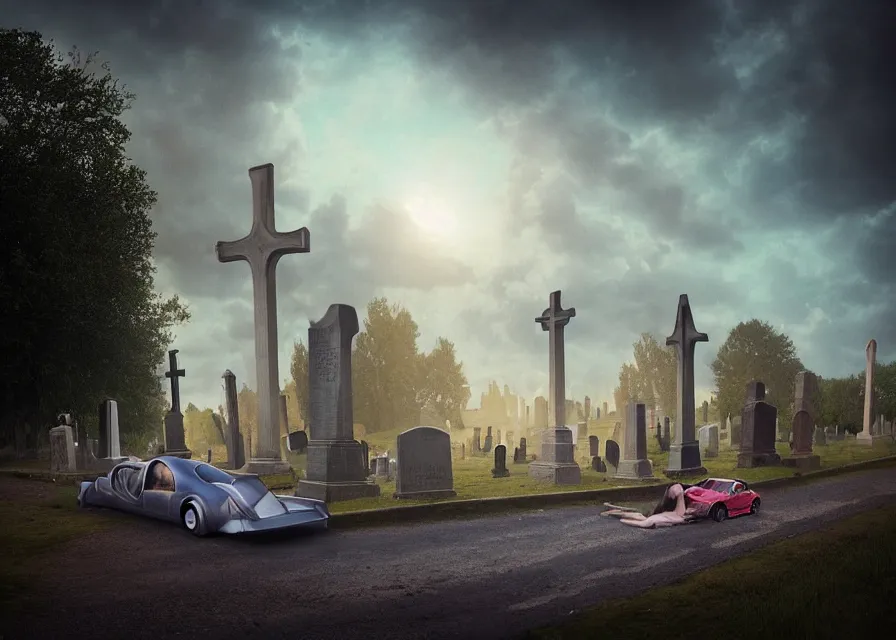 Prompt: a disheveled young woman watches as a car driving down a road next to a medieval cemetery, a digital rendering by michael flohr, inspired by tom bagshaw, instagram contest winner, futurism, matte painting, outrun, terragen