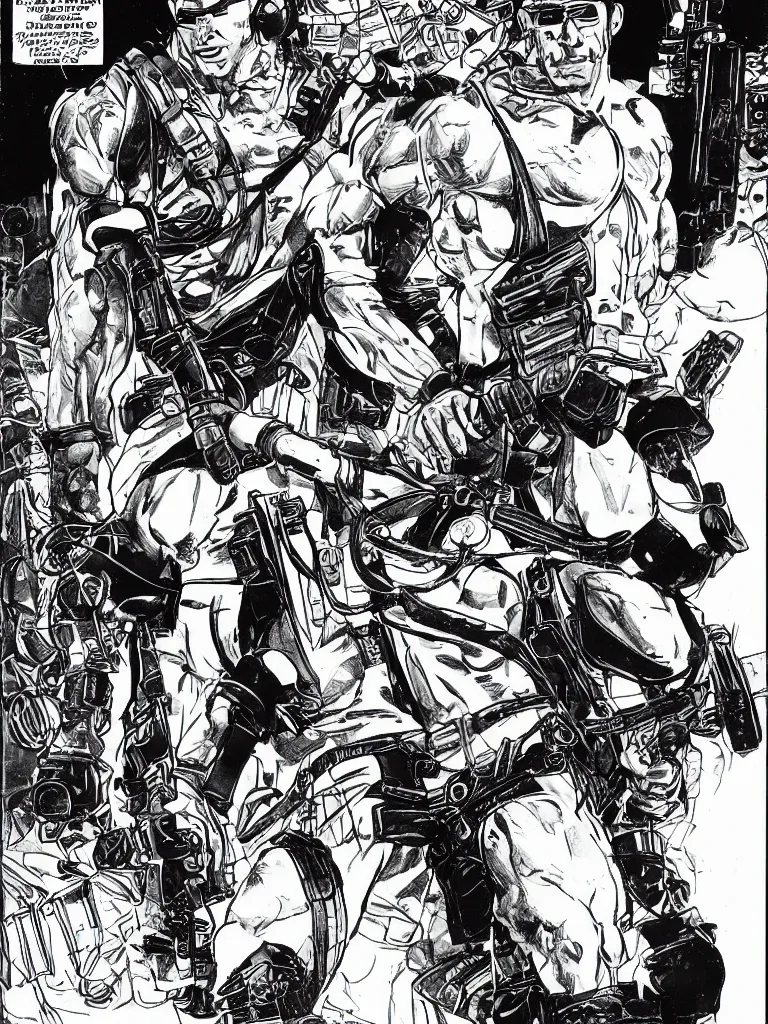 Image similar to muscular man, black vest with no shirt underneath, goggles around his neck, cargo pants, ammo belt, holding a blaster, long black hair in a ponytail, five o' clock shadow, comic book art