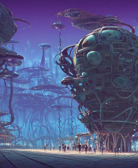 Image similar to simplicity, an amusement park made out of weird organic creatures, biological forms, internal organs, in the style of an asymmetrical spaceship, bleak apocalyptic environment, by dan mumford, yusuke murata, makoto shinkai, ross tran, cinematic, unreal engine, cel shaded, featured on artstation, pixiv