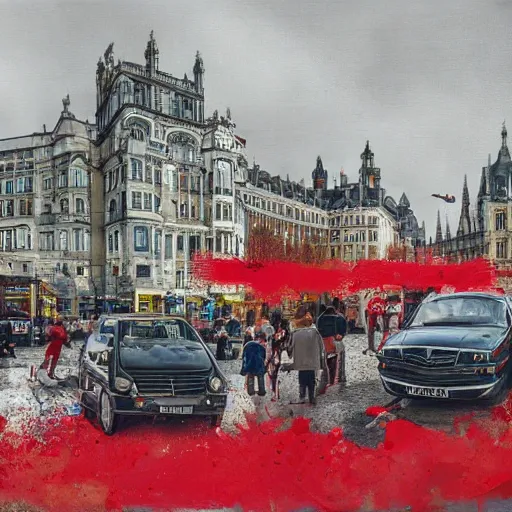 Prompt: A British European City with cars and people roaming inside of the city, certain aspects of the background are lens blurred, splatters of red and red paint circle significant parts of the city, some of the people are even painted red, black and white photograph painting, real life, realistic, hyperrealistic, very realistic, photo photograph, photo, photograph, painting, oil painting, ultra realistic, very detailed, extremely detailed, highly detailed, HD Quality, 4k resolution, 8k resolution, trending on artstation, in the style of an Album Cover, cool, epic, nostalgic, intricate details