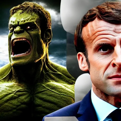 Image similar to emmanuel macron as the hulk, superhero movie still, 4 k