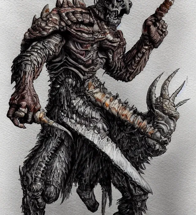 Image similar to a 3 / 4 view watercolor ink painting of a humanoid demonic glowing deathclaw dressed as a raider in the style of jean giraud in the style of moebius trending on artstation deviantart pinterest detailed realistic hd 8 k high resolution