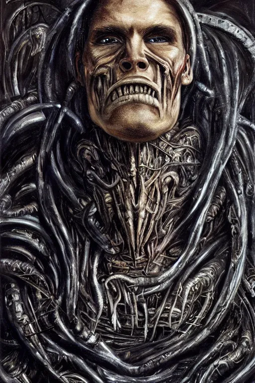 Image similar to portrait of streamer jerma 9 8 5!!, jeremy elbertson, painting by h. r. giger, lovecraftian horror, strands of being, metal album cover, high detail, sharp, sus guy, inhuman figure