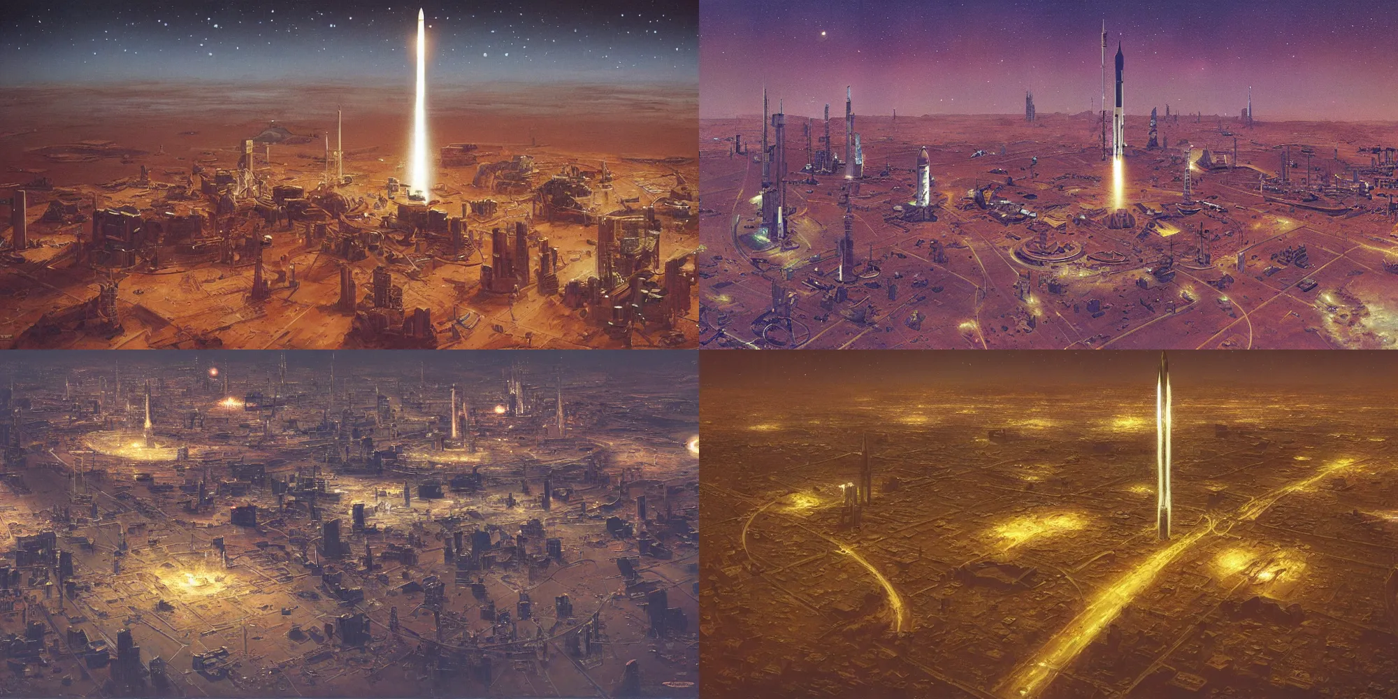 Prompt: Tilt shift photography of the first city on Mars at night. Various rocket launches can be seen as well as highways and giant buildings and arcologies. Masterpiece of Vincent Di Fate and John Berkey