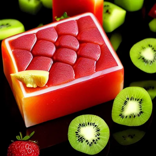 Prompt: edible rubic's cube made from fruit, food photography