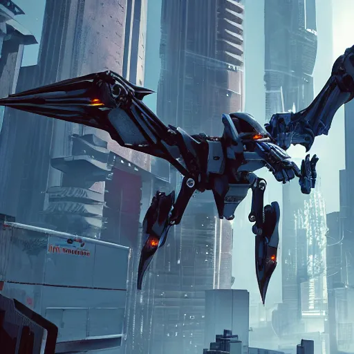 Prompt: photorealistic, long shot, robot mecha pterodactyl flying over a city, cyberpunk, daylight
