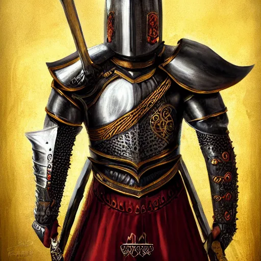 Prompt: Extremely high detail photo of a knight with black harnass, golden details, human face with bright red yes, full body, long sword, battle scars, great red feather, kingdom, high detail painting, digital art, Trending on Artstation