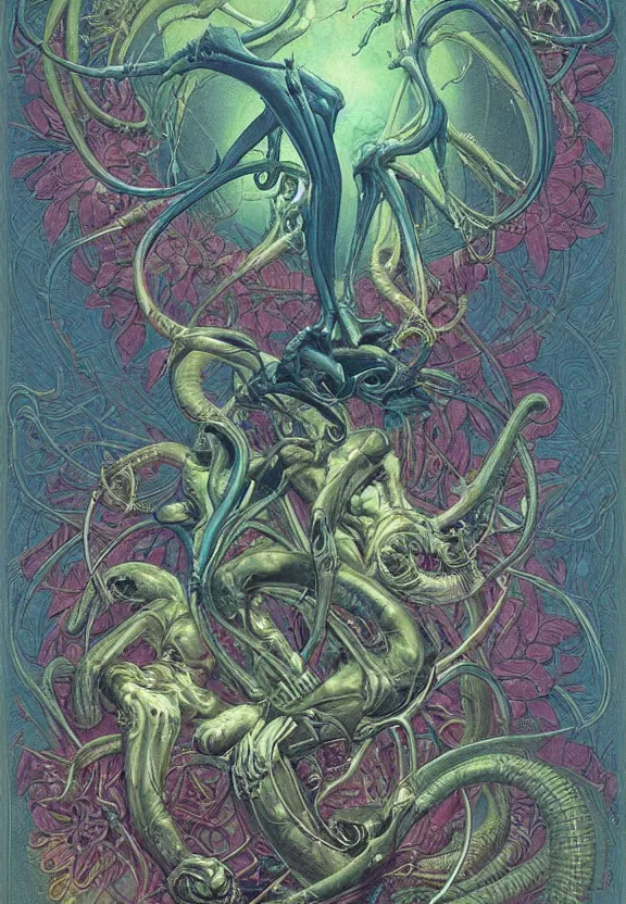 Image similar to simplicity, elegant, colorful glowing muscular cybernetic eldritch, flowers, bodies, radiating, mandala, psychedelic, shadows, by h. r. giger and esao andrews and maria sibylla merian eugene delacroix, gustave dore, thomas moran, pop art, giger's biomechanical xenomorph, art nouveau