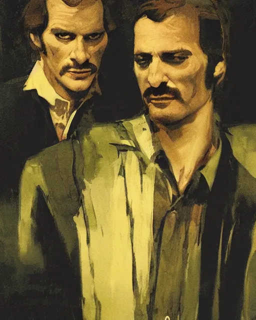 Prompt: two handsome but sinister men wearing oxford shirts in layers of fear, with haunted eyes, 1 9 7 0 s, seventies, wallpaper, a little blood, morning light showing injuries, delicate embellishments, painterly, offset printing technique, by brom, robert henri, walter popp