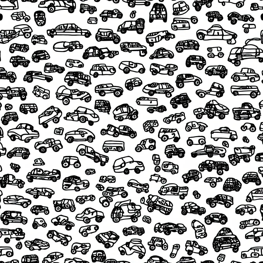 Prompt: seamless tileable pattern showing cars. black and white, drawing, white background, seamless, ornament.