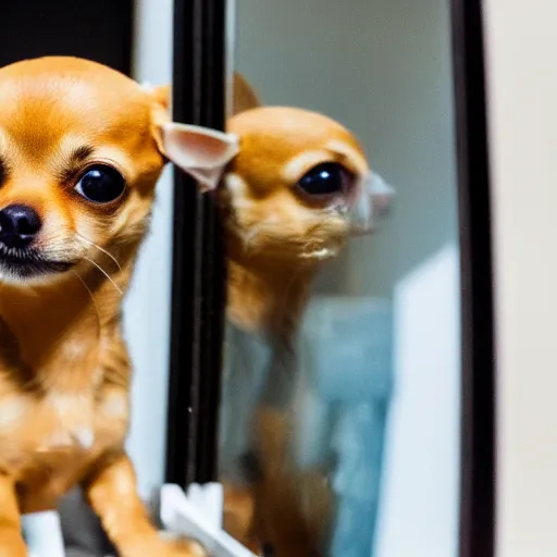 Image similar to a honey colored chihuahua puppy looking at his reflection in the mirror from the front